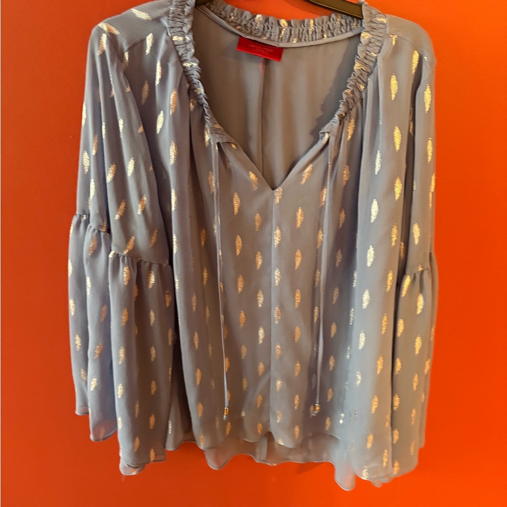 Jennifer Lopez Light Blue Blouse with Silver Leaf Pattern